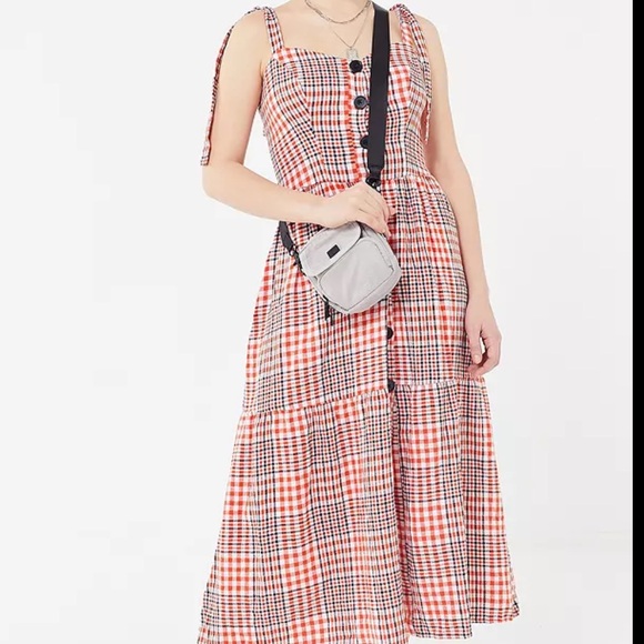 UO Positano Tie-Shoulder Midi Dress - Red Plaid Button Down Dress with Pockets - Picture 5 of 12